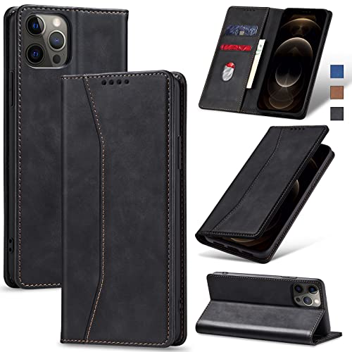 Image of Jasonyu Flip Wallet Case for iPhone 12 Pro Max,Leather Magnetic Folio Cover with Card Holder,Kickstand - TPU Shockproof Durable Protective Phone Case,Black