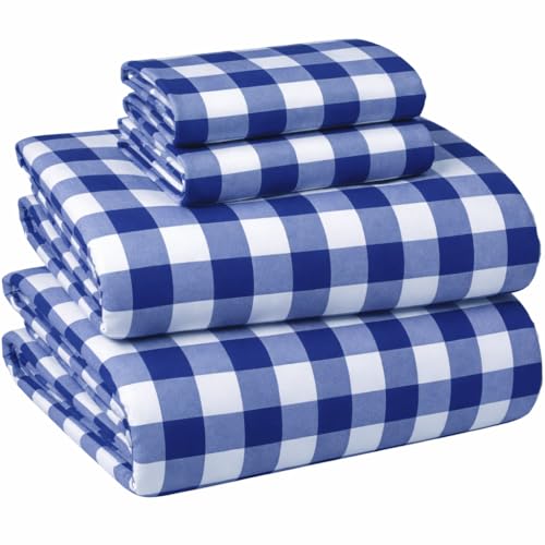 Image of Briarwood Home Printed Flannel Sheet Set, 100% Natural Cotton, Soft, Warm & Deep Pocket, Advanced Nano-Tech Making it Resistance to Pilling; Brushed 6 Times for Softness (Buffalo Navy Blue, Queen)