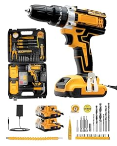 KALAHOL Cordless Drill Set 21V, 99PCS Electric Screwdriver Set with 2 Batteries 2000mAh, 25+3 Torque Cordless Hammer Drill, 42N.m Max, 2 Speed, LED Work Light for Home and Garden DIY Project, Yellow
