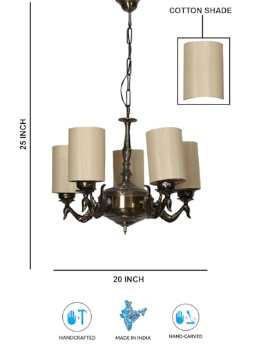 Image of Devansh 05-Light Conical Off-White Cotton Shade Chandelier - Antique Golden Finish | Adjustable Cord | Warm Glow Lamp - Ceiling Light for Living Room, Dining Area, Bedroom & Entryway Decor - D2