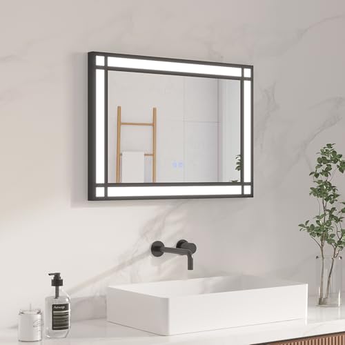 AQUABATOS Espejo de baño con Luz LED 50 x 70 cm, Espejo de Pared Espejo Cuadriculado en Forma de Ventana, Marco de Aluminio Negro, Interruptor Táctil, Luz Blanca fría Regulable, Antivaho