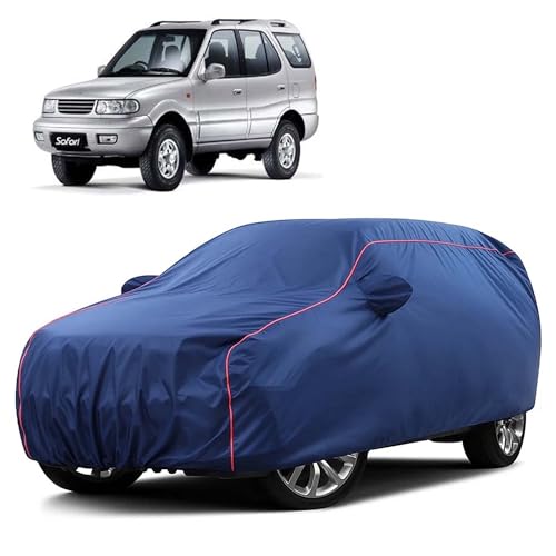 Image of Sulfar 100% Water Resistant Car Body Cover Compatible with Mirror for Tata Safari Dicor (Triple Stitched, Full Bottom Elastic, Blue Taffeta with Red Piping)