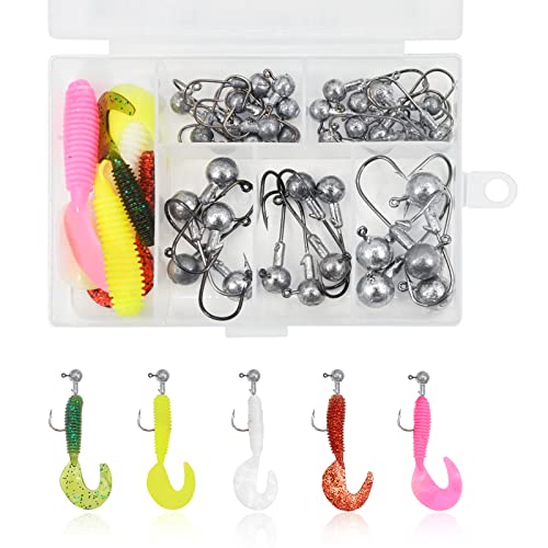 YOTO Angeln Jig Kopf Haken 40 Stück Runde Blei Kopf Angeln Jigs Set mit Curly Tail Grubs Soft Bait für Forelle Hecht Bass Fishing 2.5g 3g 5g 7g 10g