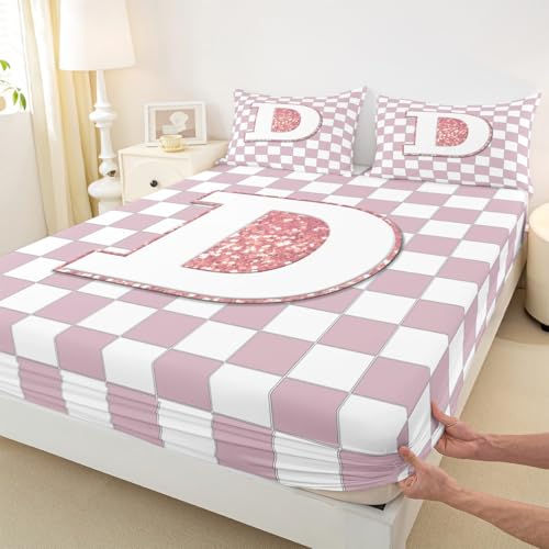 Image of Erosebridal Pink Initial D Bedding Set Full Kawaii Plaid Checkered Bed Sheets Cute Personalized Monogram Sheet Set Kids Girls Teen Women,Fashion Grids Gingham Fitted Top Sheets 4 Piece