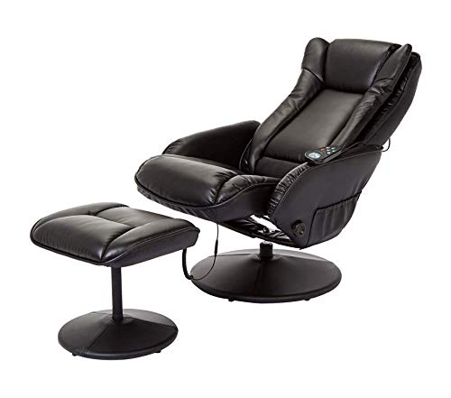 JC HOME Drammen Massaging Leather Recliner and Ottoman with Leather-Wrapped Base, Black