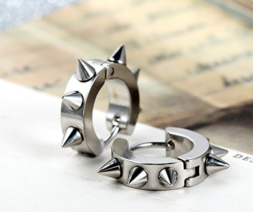 Flongo Men's Womens Punk Silver Stainless Steel Goth Rivet Awl Spike Huggies Piercing Hoop Earrings #TOP2