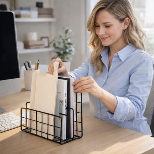 Image of File and Magazine Holder - Book Shelf Organiser Small Book Shelf for Table Metal Letter Organiser with 3 Compartments, Desk Table Decor, Letter Document Sorter (Black)