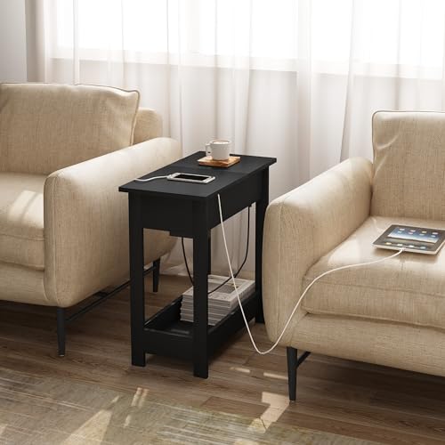 Miniatura 2 de Eugad Mesita Auxiliar, Mesa De Sofa Con Tablero Plegable, Compartimento Oculto Y Estante De Almacenaje, Mesita Estrecha Con Enchufe Y Puertos Usb, Ideal Para Salón Y Dormitorio, Negro, 0002chj