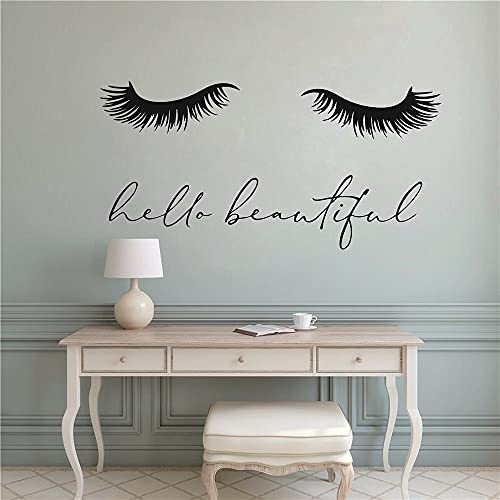Hello Beautiful Eyes Wall Decal Beauty Closed Eyelashes Lashes Lettering Wall Sticker Salon Window Bedroom Vinyl Wall Mural Decals Tm-26 (Black) #TOP2