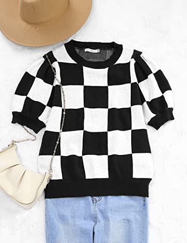 Womens Puff Short Sleeve Sweater Tops Crewneck Basic Knit Pullover Lightweight Solid Casual Sweaters Blouse4