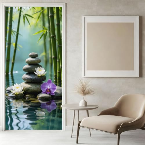 Sticker Porte Bambou Vert Papier Peint, Galets Fleuris Autocollant Poster Auto-Adhésif, Chambre Salon Salle de Bain Affiche Art Décor Mural 3D Stickers Porte 90 x 210 cm w.6973