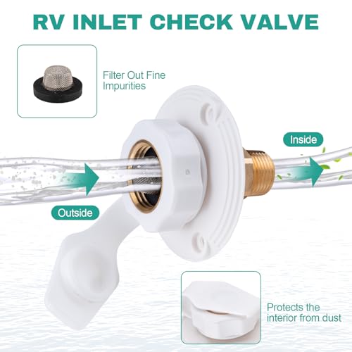 Image of RV City Water Inlet with Check Valve, 3 /4 inch NH Female to 1 /2 inch NPT Male, RV Water Inlet Connection for Camper, Trailer, Marine, White