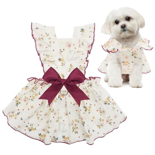 Image of CuteBone Cotton Dog Dress Flowers with Leash Ring & Sleeve Ruffles, Soft & Breathable, Stylish Pet Clothes Outfit for Small Dogs, Comfortable & Easy to Wear CFX03S