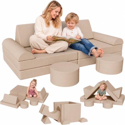 Clevich Spielsofa für Kinder,Kindersofa Bausteine,Oeko-TEX100 Zertifiziert | 15-Teiliges Modulare Kinderspielcouch, Kindersofa ausklappbar, für Kuschelecke im Kinderzimmer, Kuschel