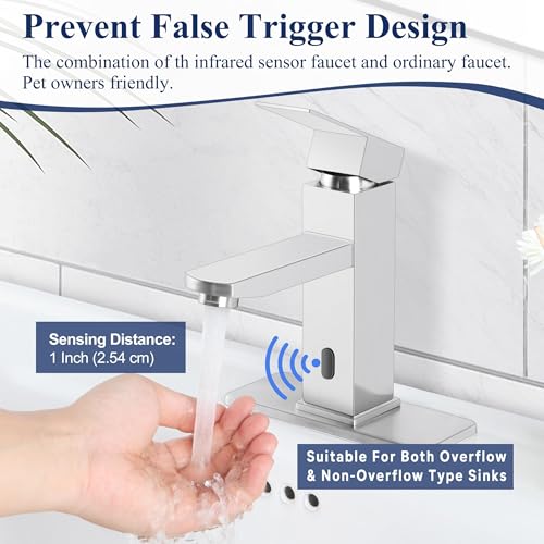 Image of Herogo Touchless Bathroom Faucets Brushed Nickel Stainless Steel Automatic Motion Sensor Bathroom Faucet RV Bar Sink Faucet for 1-3 Hole Single-Handle with Pop Up Drain Stopper Water Supply Hoses