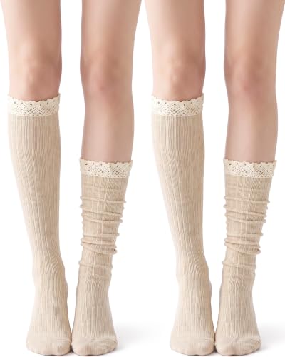 Image of Syhood Cotton Women thigh high socks with Lace Trim over the knee High Socks Boutique Lace Tall Boot Stockings for Women