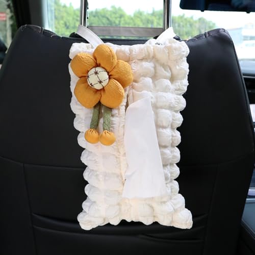 Creative Car Tissue Holder Hanging Rectangular Facial Tissue Box Cover Car Cartoon Decorative Tissue Holders Organizer (Yellow Flower, 28×18cm/11.02