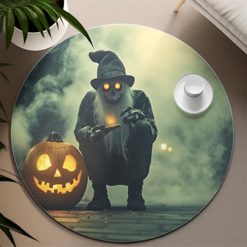 屋内 200cm ラウンドラグハロウィーンテーマ不気味な頭蓋骨魔女とカボチャのパターンフロアカーペット洗えるローパイルリビングルームベッドルーム用