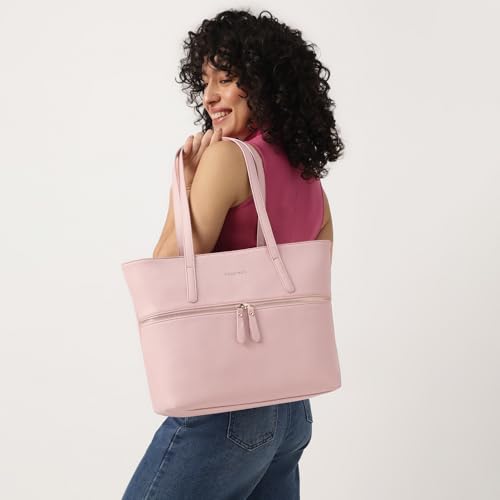 Image of Fastrack Casual Laptop Tote Bag For Girls, Large Size With A Zipper Closure And Padded Laptop Compartment, Compatible With Laptops Up To 14 Inches, Double Handle Bag, Pink