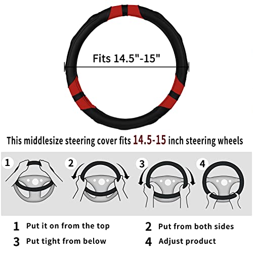 Achiou Black And Red Car Steering Wheel Cover Universal 15 Inch With Grip Contours, Leather Auto For Men And Women Non-Slip Breathable Soft And Comfortable #TOP5