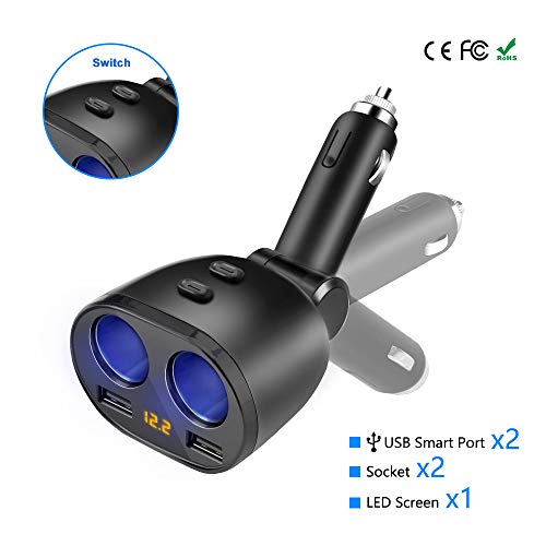 Cigarette Lighter Adapter, Eletrand 2 Socket Car Charger Splitter Multi Power Outlet 12V/24V 80W DC with On/Off Switches LED Voltmeter Dual USB Car Charger for Phone Tablet Samsung Tomtom GPS Dash Cam