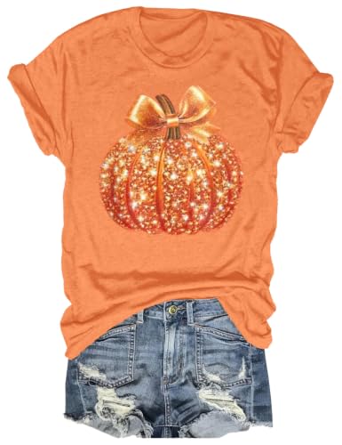 Fall Glitter Pumpkin Round Neck Graphic Tees for Women Halloween Thanksgiving Short Sleeve Holiday Family Match T-Shirt Tops(2026-830-Orange,XL)