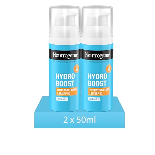 Neutrogena Hydro Boost Aqua Fluid LSF 50 50 ml, parfümfreie Tagescreme mit LSF 50, leichte Gesichtspflege mit Hyaluronsäure, Vitamin B5 und Niacinamid für intensive Feuchtigkeit (Packung mit 2)
