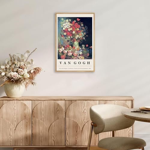 Framed Canvas Print Wall Art Van Gogh Vase with Poppies Cornflowers Peonies & Chrysanthemums Painting Reproduction Ready To Hang Living Room Bedroom Kitchen Office Home Decor 16"x 24" Natural Framed - 1