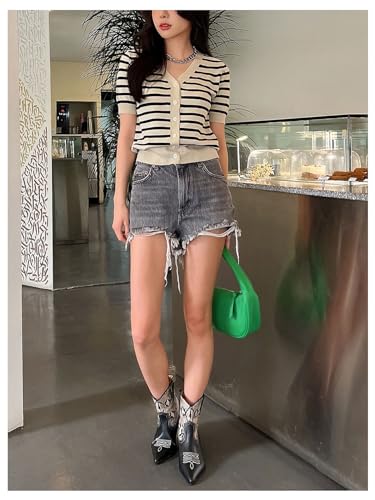 Image of GORGLITTER Women's Striped Short Sleeve Cardigan V Neck Open Front Button Down Sweaters Black and Apricot Medium