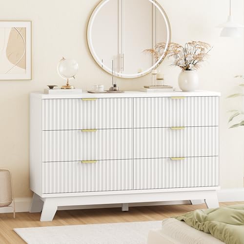 Image of Fluted Dresser for Bedroom with 6 Drawers, 48 inch Wide Modern Chest of Drawers with Metal Handle, Wooden Dresser TV Stand, Wood Closet Clothes Storage Drawer Organizer for Living Room, Hallway, White