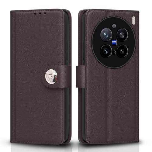 Image of Pikkme Flip Cover Leather Finish | Inside TPU with Card Pockets | Wallet Stand and Shock Proof | Complete Protection Button Flip Case for Vivo X200 Pro 5G(Coffee)