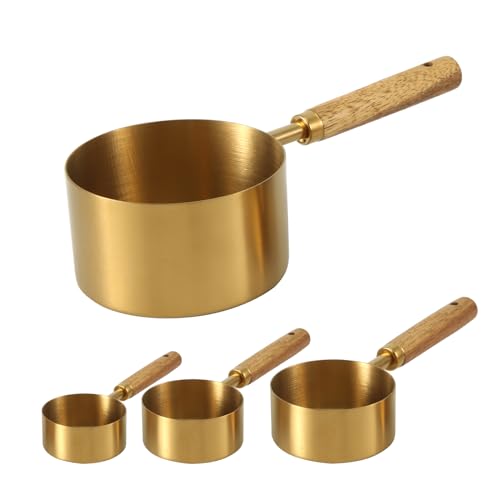 PEUTIER 4 Stück Messbecher für Hundefutter, 4 Größen und Kapazität Messbecher für Tiernahrung mit Holzgriff Messbecher aus Edelstahl Spülmaschinenfest Futterschaufel für Hundefutter (Gold)