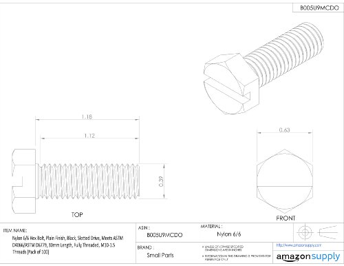 Image of Nylon 6 /6 Hex Bolt, Plain Finish, Black, Slotted Drive, Meets ASTM D4066 /ASTM D6779, 30mm Length, Fully Threaded, M10-1.5 Metric Coarse Threads (Pack of 100)