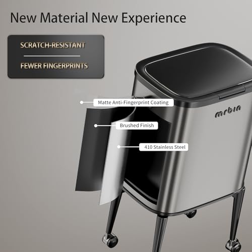 Image of MRBIN Metal Kitchen Trash Can with Wheel Legs, 23L / 6.1gal Medium Press Lid Slim Removable Waste Basket, Pet Proof Tall Narrow Garbage Pail for Vanity, Bedroom, Bathroom, Living Room, Eclipse Grey