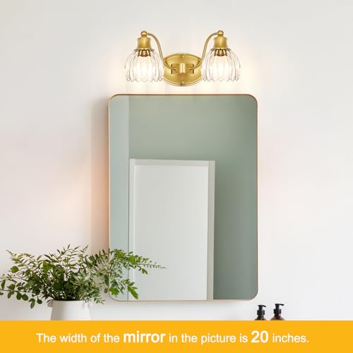 Image of Vintage Bathroom Vanity Light Fixture Over Mirror, 2-Light Brushed Gold Bathroom Wall Sconce with Clear Glass Shades, Antique 15in Gold Vanity Lighting for Bathroom, Farmhouse, Hallway, Dressing Room