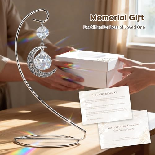 Memorial Crystal Suncatcher, IDEA SHOW Tabletop Suncatcher Bereavement Gift Idea, Sympathy Gifts for Loss of Loved One, Crystal Rainbow Prisms Maker Remembrance Ornament for Home Decor (Moon) — view 5