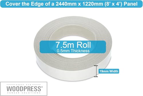 WoodPress® 19mm Mattweiße Melamin Kantenumleimer mit Schmelzkleber – 7,5m Rolle – Einfaches Aufbügeln für Heimwerker