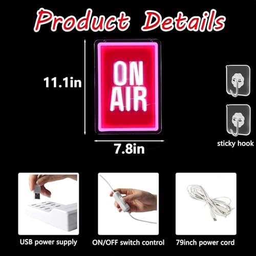 Image of ON AIR Neon Light Recording Neon Signs Wall Decor for Podcast Setup,Broadcasting Room,Radio Station,Home Studio, Gift Art for Friends,Podcaster 11.2 x 7.87 IN-USB Powered-Acrylic