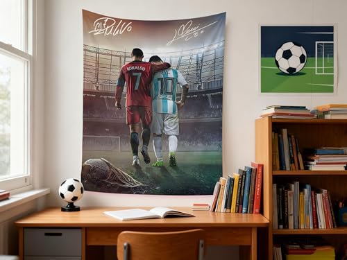 Lionel Messi & Cristiano Ronaldo World Cup Soccer Superstar Wall Tapestry: HD Fade-Resistant Polyester with 4 Corner Grommets - Hanging Poster for Boys’ Bedroom & Fan Decor, 35.4 x 47.2 Inches (Red-Blue) — view 3