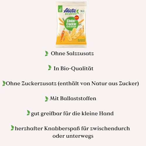 Alete bewusst Bio Kinder-Cracker mit Karotten- und Rosmarinpulver – Ab 1 Jahr – Ohne Salz- und Zuckerzusatz, Bio-Qualität, 30 g Packung