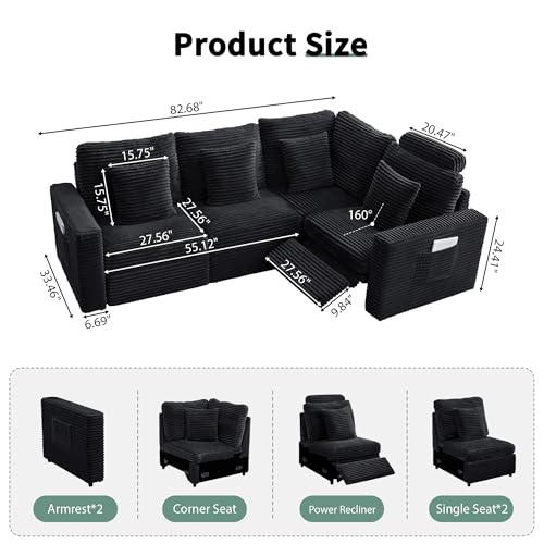 Image of RARZOE Modular Sectional Sofa with Power Recliner, 4-Seater L-Shaped Corduroy Reclining Couch Sectional with Headrest, Flexible Combination Fluffy Comfy Cloud Comfy Couches for Living Room,Black