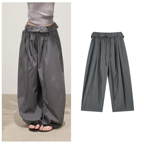 Womens Y2K Baggy Casual Parachute Pants High Waist Wide Leg Straight Draped Streetwear Gray Trousers4