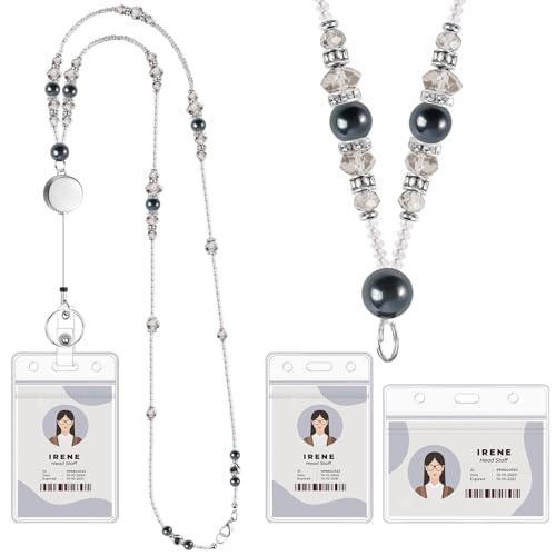 Beaded Teacher Lanyard with Retractable Badge Reel, Black