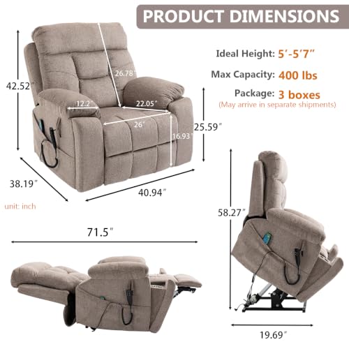 Image of Oversized Power Lift Recliner for Big & Tall, 26 inch Wide Seat, Khaki
