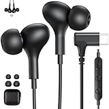 USB C Earbuds Wired USB Type-C Headphones for Google Pixel 10 Pro XL 9 Pro for iPhone 17 Pro 16 15 for Samsung S26 A16 S21 S25 Cord Right Angle Earphones with Microphone Volume Control Headset Black