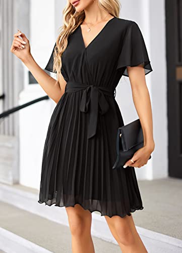 Maroway Women Casual Dresses V Neck Short Sleeve Belt Pleated Dress Cocktail Party Mini Dress Black Large #TOP1