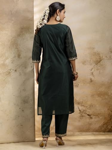 Image of VredeVogel Women's Chanderi Silk Embroidered Kurta with Pant & Organza Dupatta Set | Casual Outfit Ethnic Kurta Set for Women | Modern & Traditional Blend Ethnic Wear