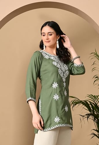 Image of LIBOZA Women's Chikankari Embroidered Short Kurti, Rayon Fabric, Three-Quarter Sleeves, Available in Pink, Black, Mustard Yellow, White, Pista and Green