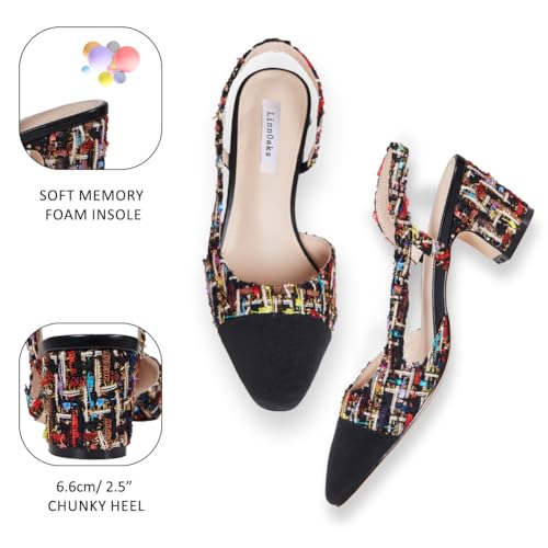 LinnOaks Slingback Heels for Women Round Closed Toe Pumps Two Tone Chunky Mid Heel Wedding Party Dress Shoes Ladies Fashion Patchwork Mary Jane Heels Multicolor Classic Comfy Tweed Heels Office Shoes3