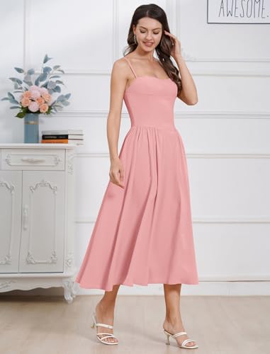 Image of ABEHIK Women Floral Corset Dress Boho Spaghetti Strap Lace Up Casual Midi Dresses with Pockets Low Cut Flowy Bustier Sundress
